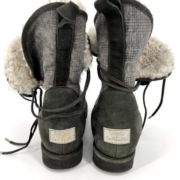 UGG Byanca Gray Suede Leather Sherpa‎ Plaid Foldover Button Boots Size 6 - Picture 6 of 10